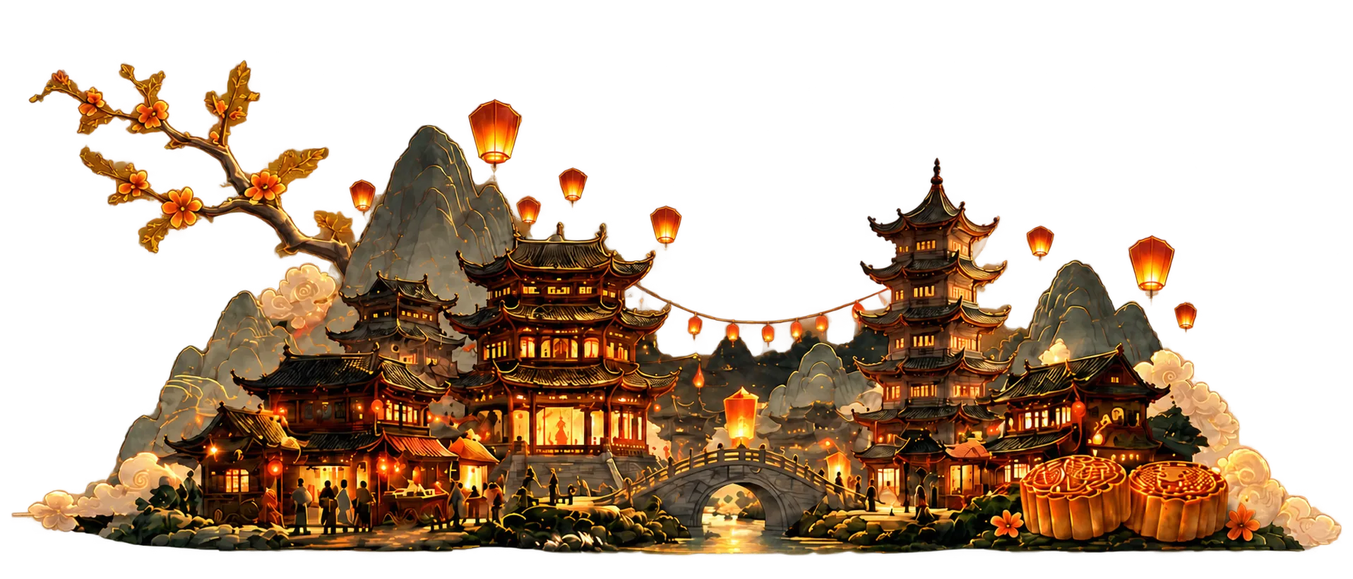 Lantern-lit pavilions, pagoda and stone bridge