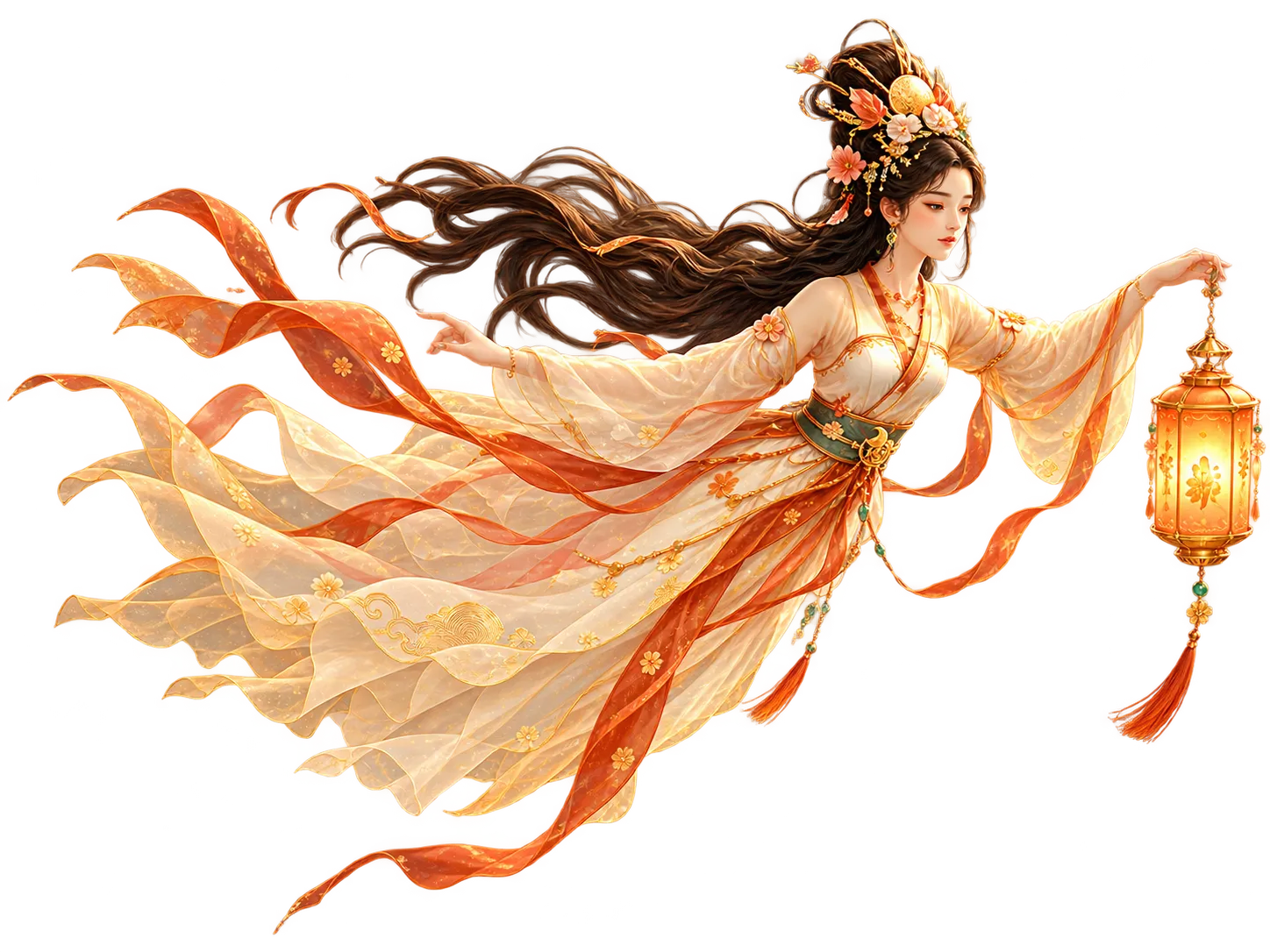 Chang'e drifting above the water holding a lantern